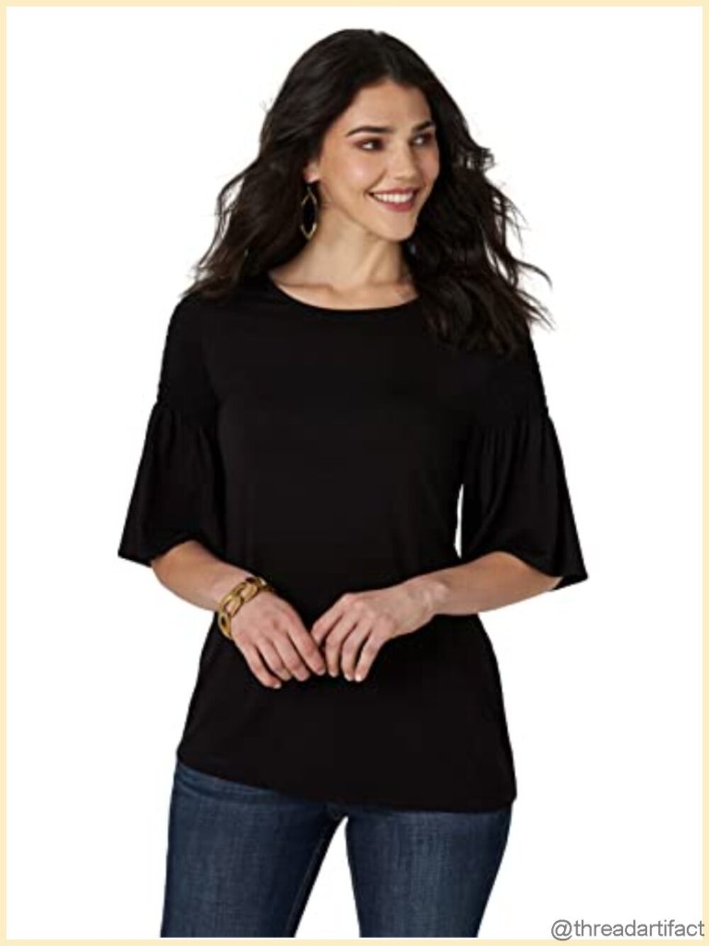 Wrangler 3/4 Sleeve Smocked Shoulder Knit Top V-Neck Casual Tunic